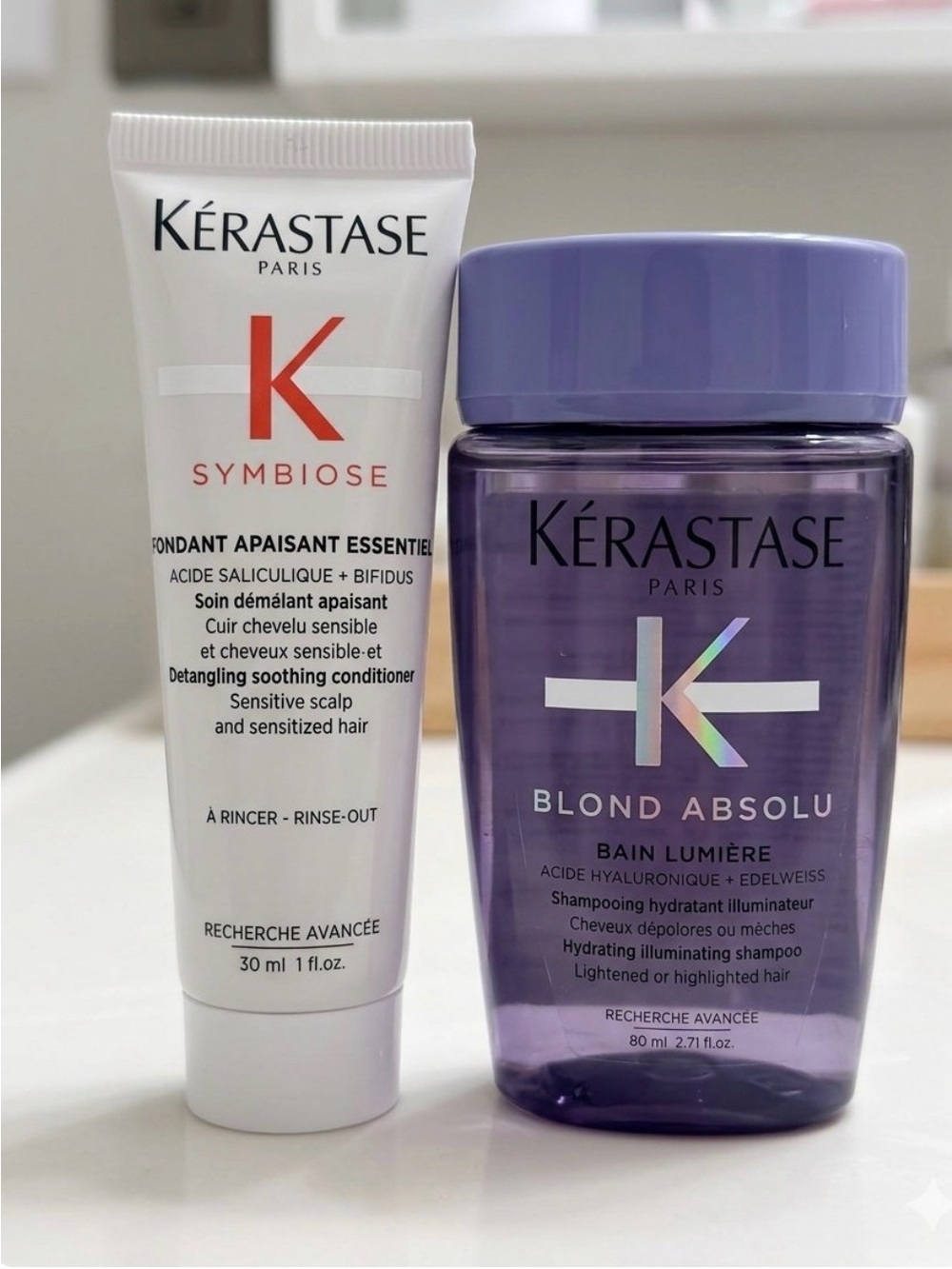 Kerastase Travel Set: Blond Absolu Shampoo 80ml & Symbiose Conditioner 30ml.